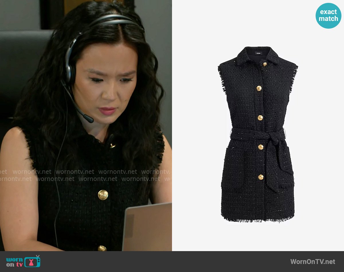 Express Shine Tweed Fringe Novelty Button Belted Vest worn by Caroline Lee (Ellie Wang) on Beyond the Gates