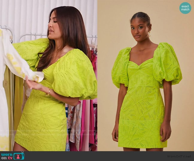 Farm Rio Monstera Eyelet Short Sleeve Mini Dress in Green worn by Emily Curl on E! News