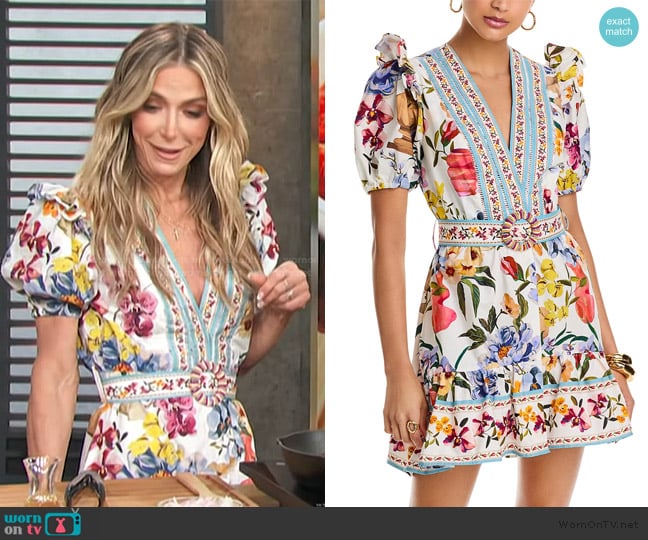 Farm Rio Greek Garden Off-White Mini Dress worn by Debbie Matenopoulos on Access Hollywood
