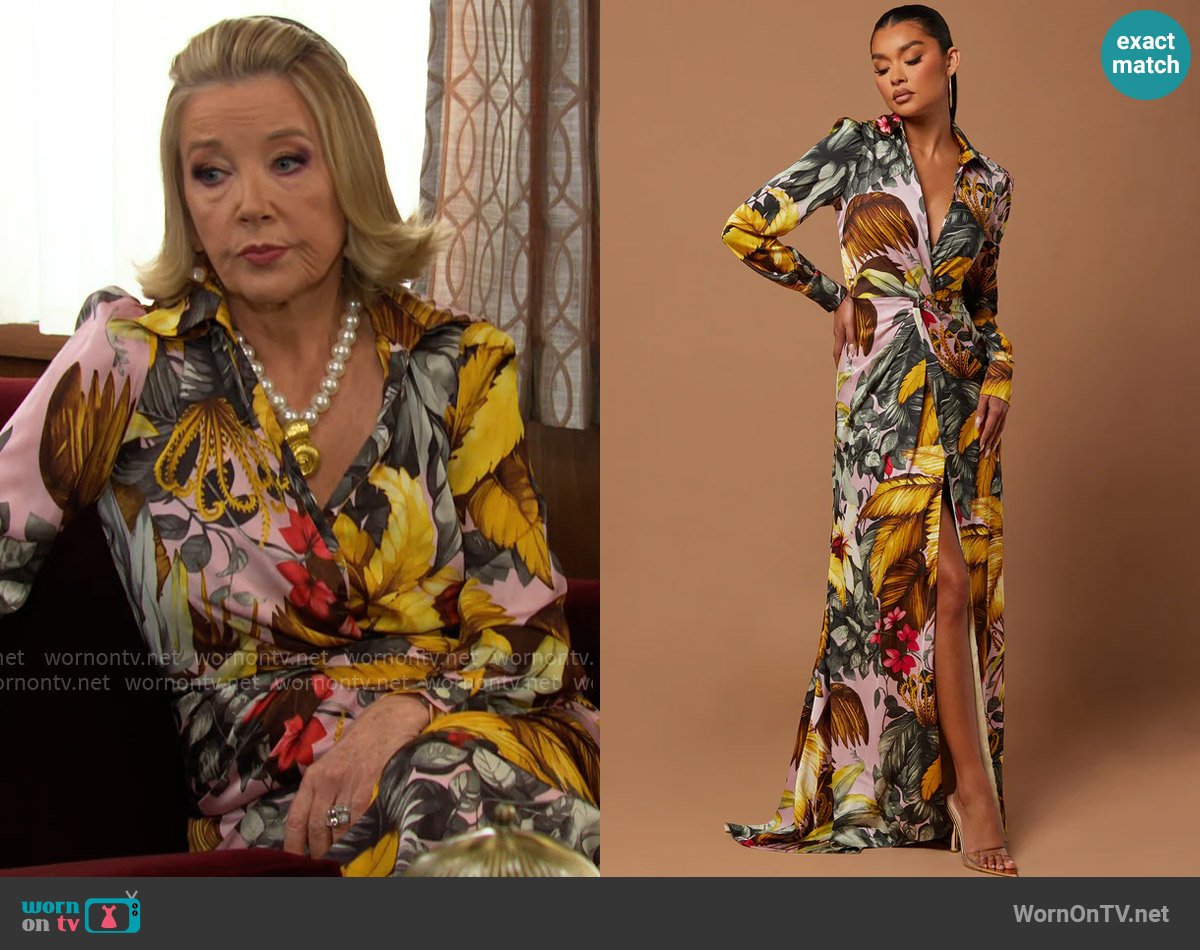 Fashion Nova Teresa Floral Satin Maxi Dress worn by Nikki Reed Newman (Melody Thomas-Scott) on The Young and the Restless