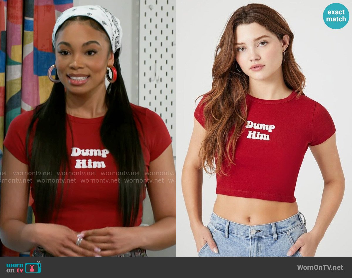 Forever 21 Dump Him Graphic Baby Tee worn by Chelsea Hamilton (RhonniRose Mantilla) on Beyond the Gates