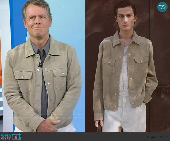 Frame Suede Trucker Jacket in Oxford Beige worn by Greg Kinnear on Today