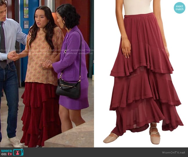 Free People Clementine Tiered Maxi Skirt in Aged Red worn by Sophia Choi (Rachel Boyd) on Days of our Lives