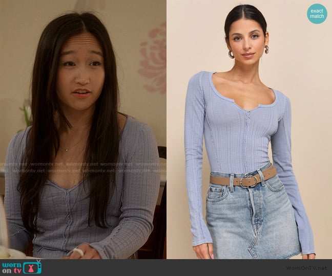 Free People Eyes On You Light Blue Pointelle Long Sleeve Top worn by Lily Goldenblatt (Cathy Ang) on And Just Like That