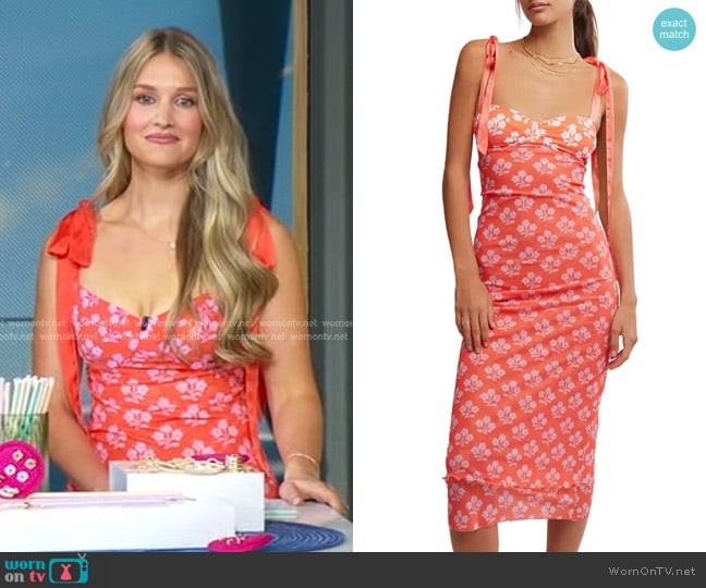 Free People Floral Layered Mesh Slipdress in Coral Combo worn by Emma Villaneda on Good Morning America