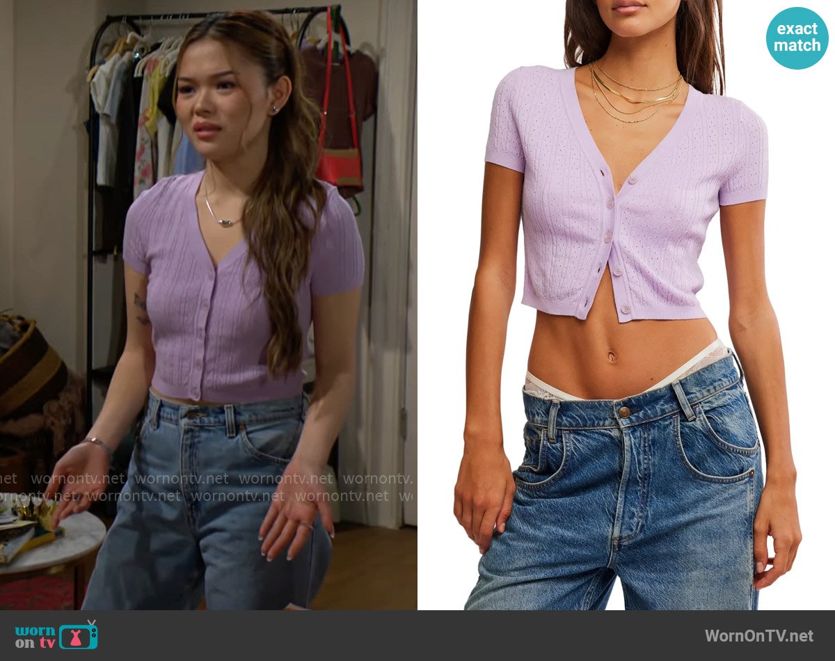 Free People Cassie Crop Cardigan in Veiled Pink worn by Luna (Lisa Yamada) on The Bold and the Beautiful