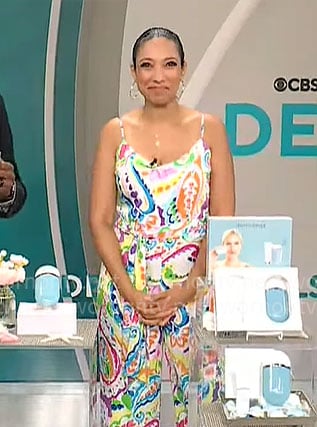 Gabrielle Kerr's colorful paisley jumpsuit on CBS Mornings