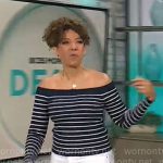 Gabrielle Kerr’s navy striped off-shoulder top on CBS Mornings