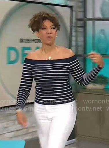 Gabrielle Kerr’s navy striped off-shoulder top on CBS Mornings