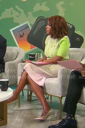 Gayle King's green and pink ribbed top and skirt set on CBS This Morning