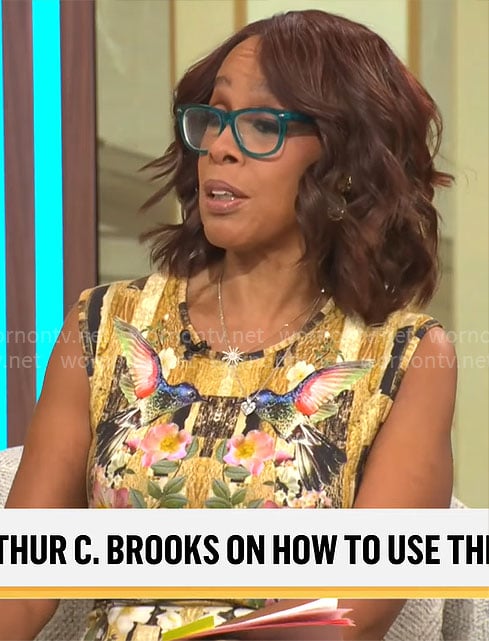 Gayle King's mirrored bird and flower print dress on CBS Mornings