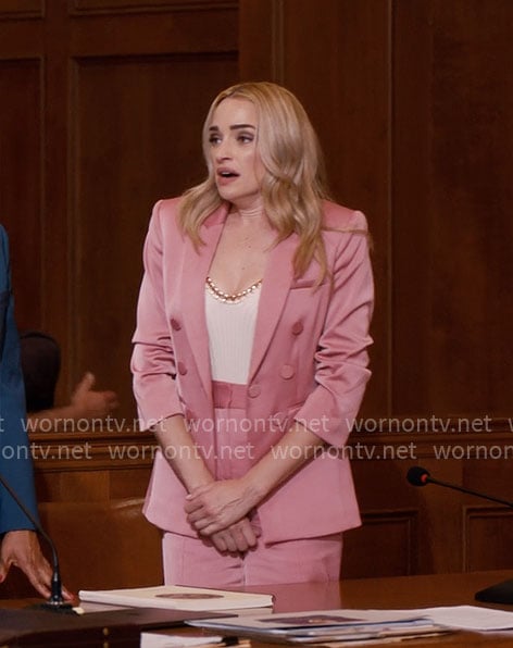 Georgia's pink suit and white chain-trim top on Ginny & Georgia