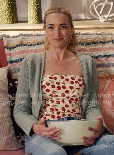 Georgia's cherry print top and sage green cardigan on Ginny & Georgia