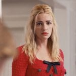 Georgia’s red tweed dress with bow on Ginny & Georgia