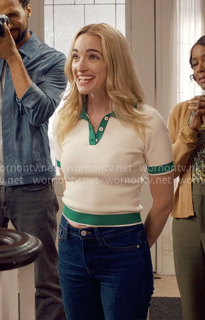 Georgia's white and green polo top on Ginny & Georgia