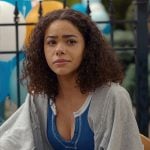 Ginny’s blue split-neck crop top and grey sweatshirt on Ginny & Georgia