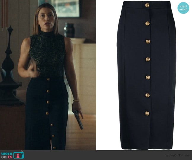 Golden Goose button-up pencil skirt worn by Chloe Taylor (Jessica Biel) on The Better Sister