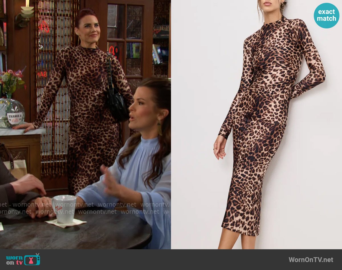 Good American Funnel Neck Long Sleeve Body-Con Midi Dress in Fierce Leopard worn by Sally Spectra (Courtney Hope) on The Young and the Restless