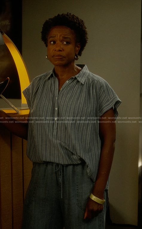 Grace’s blue striped top on And Just Like That