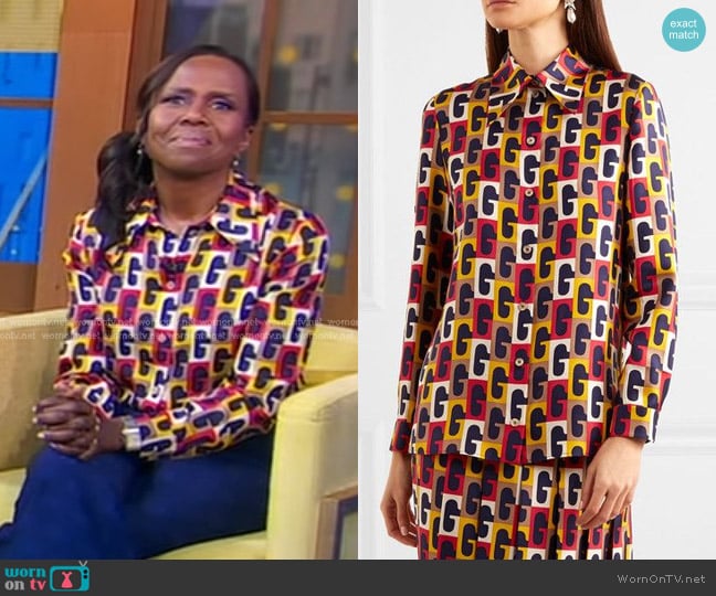 Gucci G-sequence Button-down Silk Shirt in Multicolour worn by Deborah Roberts on Good Morning America
