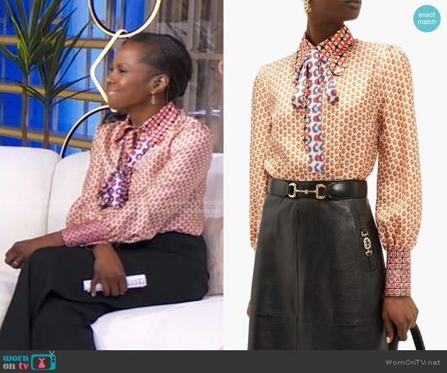 Gucci Romain GG Mixed Print Silk Twill Blouse worn by Deborah Roberts on Good Morning America