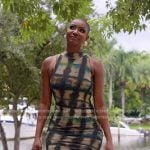 Guerdy’s beige check sleeveless dreess on The Real Housewives of Miami