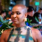 Guerdy’s beige check sleeveless dreess on The Real Housewives of Miami