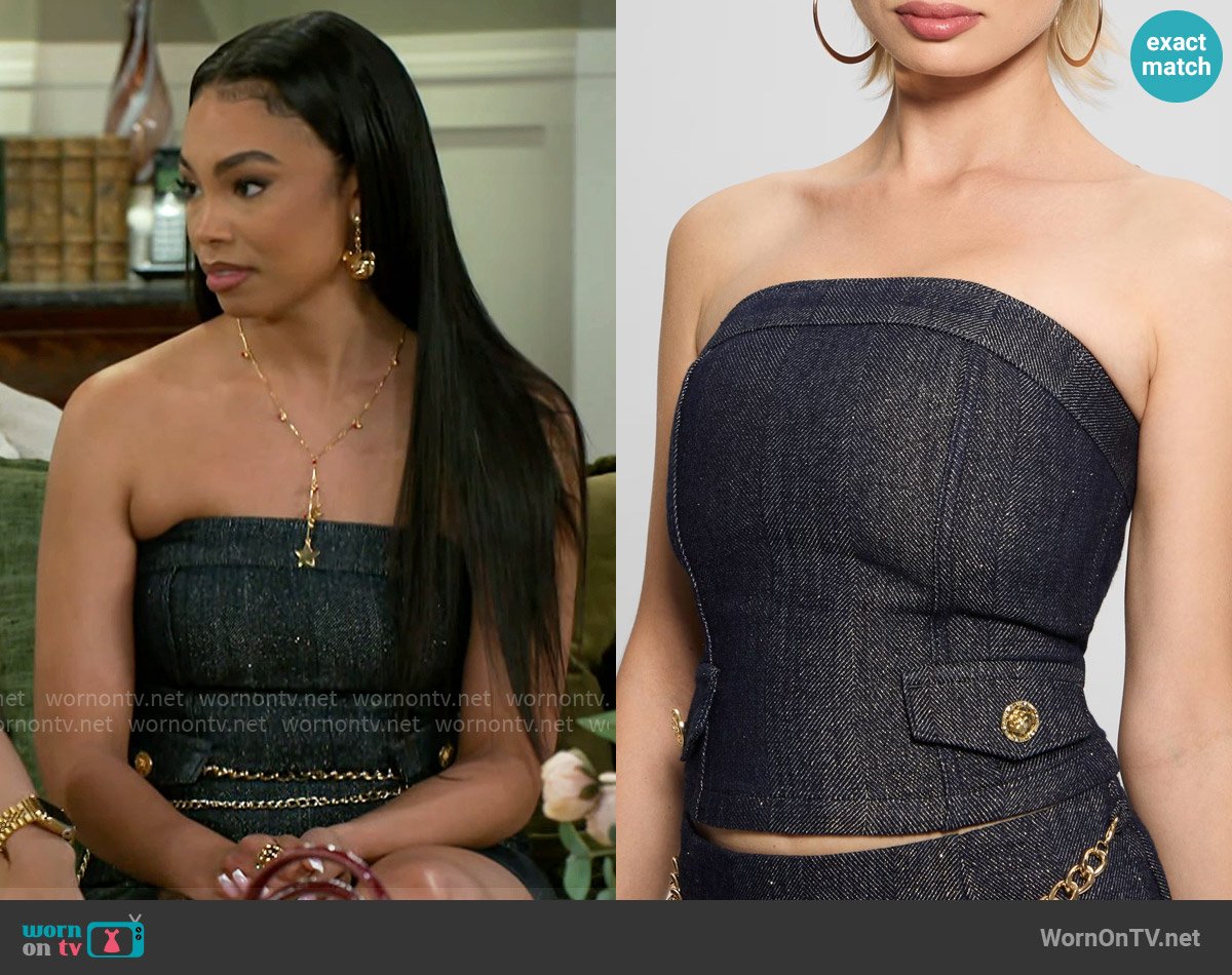 Guess Chany Denim Corset worn by Chelsea Hamilton (RhonniRose Mantilla) on Beyond the Gates