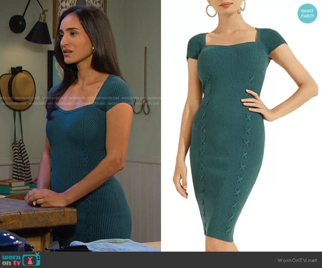 Guess Margot Cap Sleeve Sweetheart Neck Knit Dress worn by Gabi Hernandez (Cherie Jimenez) on Days of our Lives