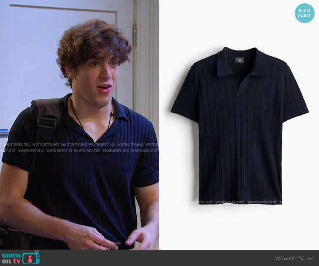 H&M Regular Fit Rib-knit Polo Shirt in Navy Blue worn by Aaron Greene (Louis Tomeo) on Days of our Lives