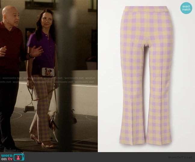 High Sport Kick Cropped Checked Flared Pants worn by Charlotte York (Kristin Davis) on And Just Like That