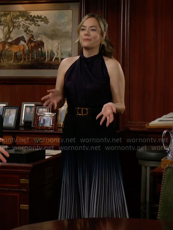Hope's navy draped top and pleated skirt on The Bold and the Beautiful