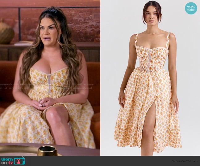 House of CB Royal rose print corset midi sundress worn by Brittany Cartwright on The Valley