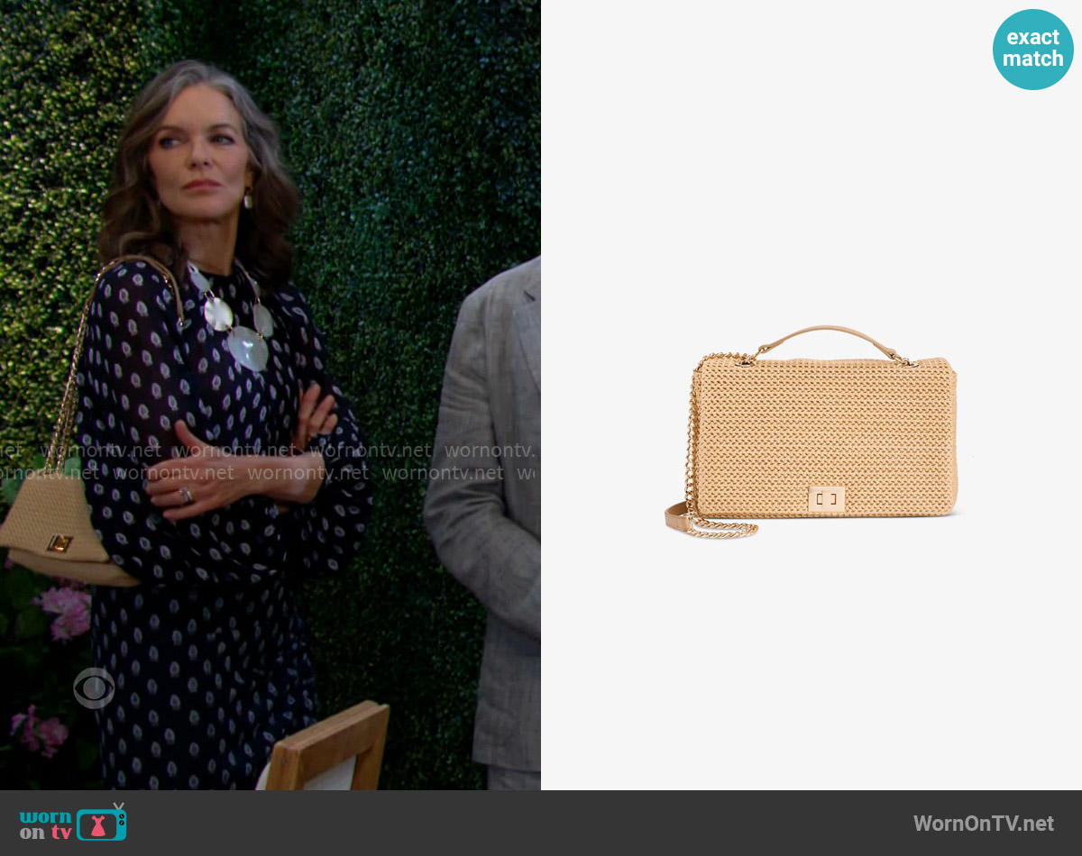 INC International Concepts Ajae Flap Straw Crossbody worn by Diane Jenkins (Susan Walters) on The Young and the Restless