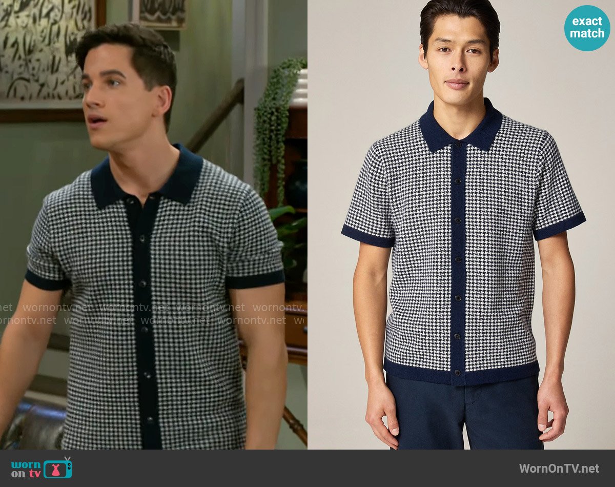J. Crew Short-sleeve cashmere cardigan sweater-polo in houndstooth worn by Bradley 'Smitty' Smith (Mike Manning) on Beyond the Gates