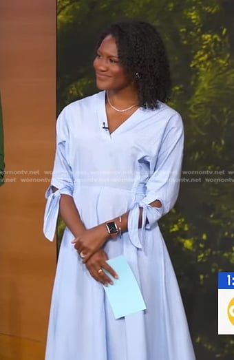 Janai's blue striped bow sleeve dress on Good Morning America