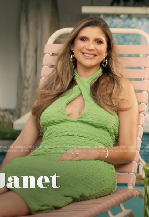 Janet's green textured halter dress on The Valley