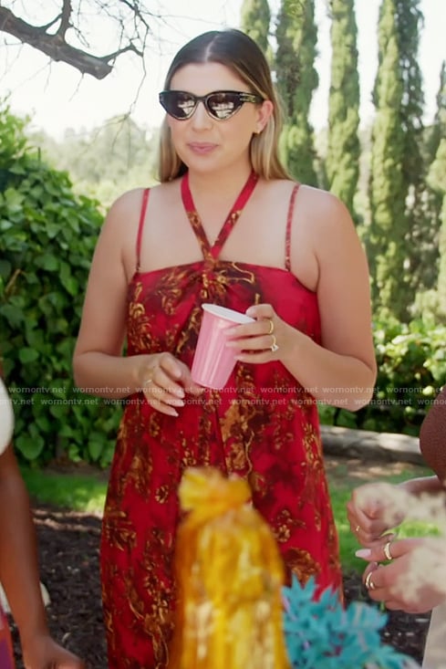 Janet's red floral print halter dress on The Valley
