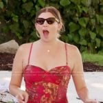 Janet’s red floral print swimsuit on The Valley