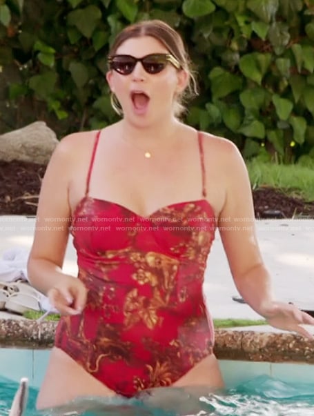 Janet’s red floral print swimsuit on The Valley