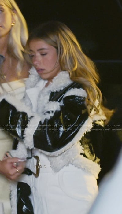 Jen’s black leather jacket with shearling trim on The Secret Lives of Mormon Wives