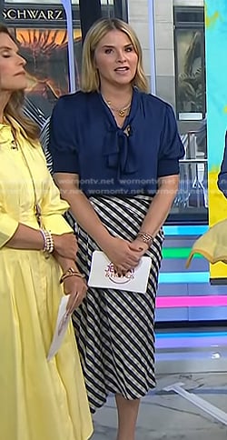 jenna’s navy tie neck top and check skirt on Today