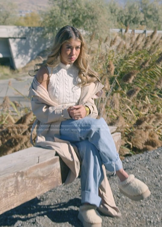 Jenn's white cable knit vest on The Secret Lives of Mormon Wives
