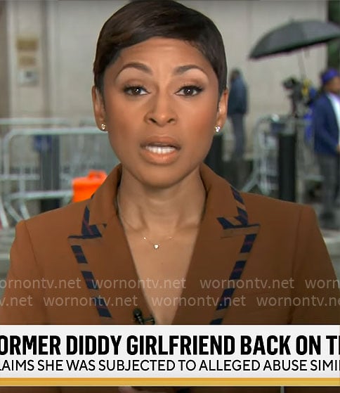Jericka Duncan’s brown striped-trim blazer on CBS Mornings