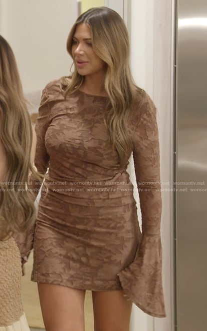 Jessi's brown floral bell sleeve dress on The Secret Lives of Mormon Wives