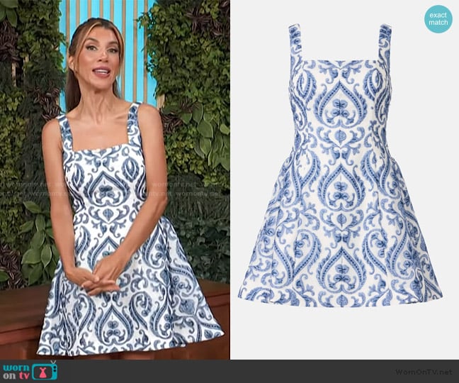 Jewel x Badgley Mischka India Printed Fit and Flare Mini Dress worn by Adrianna Costa on Access Hollywood