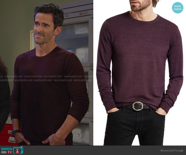 John Varvatos Chase Sweater in Dark Plum worn by Shawn Douglas Brady (Brandon Beemer) on Days of our Lives