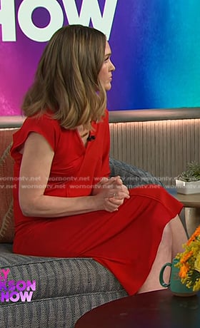 Julia Stiles’s red asymmetric dress on The Kelly Clarkson Show