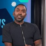Justin’s geometric pattern knit shirt on E! News