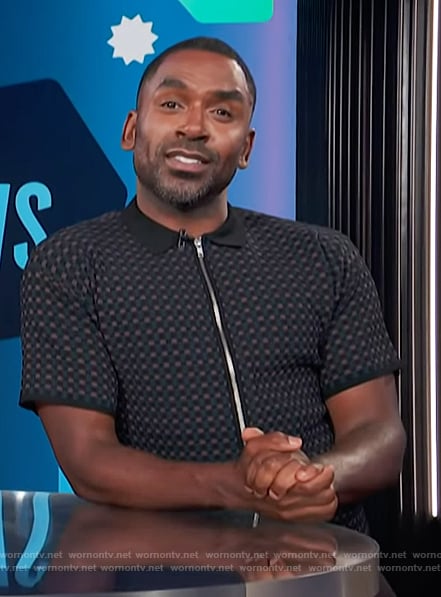 Justin's geometric pattern knit shirt on E! News